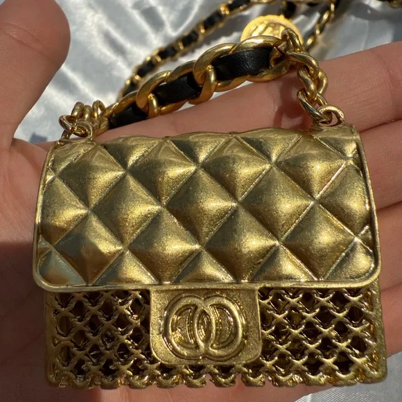 Anthro Black Gold Chain Belt With Designer Mini Charm Bag - Picture 9 of 16